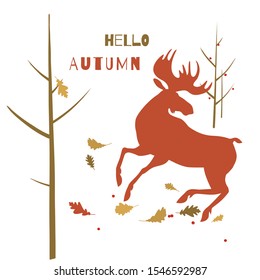 Running elk in the autumn forest. Vector illustration with silhouette of moose and nature. Banner, graphic print, background for advertising autumn discounts, sales and offers.
