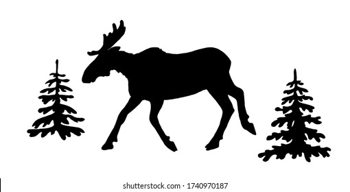 running elk and young spruces isolated silhouettes. Graceful moose black silhouette shape logo, emblem, icons, tattoo.  Vector illustration of an  woodland  animal