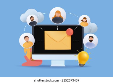 Running email campaign, email advertising, direct digital marketing. 3D Vector Illustrations.Business email marketing content , Social network communication. People connection. 3D icon free to edit