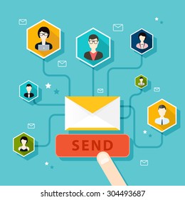 Running Email Campaign, Email Advertising, Direct Digital Marketing. Flat Design Style Modern Vector Illustration Concept.