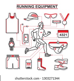 Running equipment. Infographic. Vector illustration set.