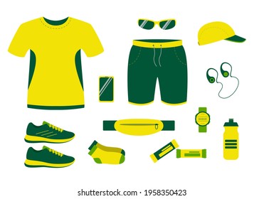 Running equipment in summer. clothing, shoes and accessories for man athlete