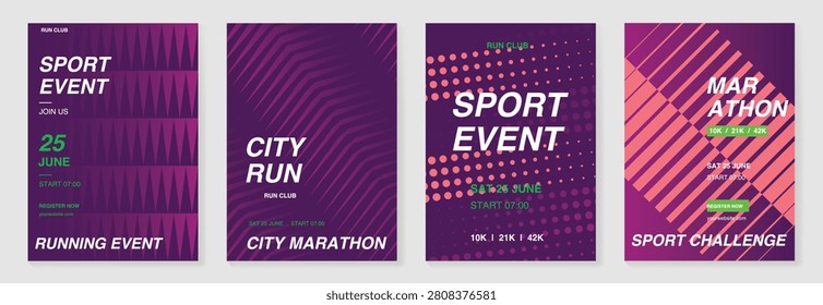Running event poster templates set. Vector fun run marathon flyer designs with track line patterns, forward motion arrows, stripes and wavy backgrounds in Vibrant colors.