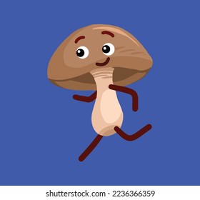 Running with excitement pose whole raw shitake mushroom fungi character vector illustration isolated on dark blue background. Food ingredients drawing with cartoon comic flat art style.