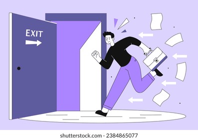 Running to exit line concept. Worker with papers go to doorway. Flame and fire in office. Young guy try to leave room. Linear flat vector illustration isolated on violet background
