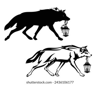 running fairy tale wolf carrying lamp with rose flowers side view outline and silhouette - black and white vector design of fantasy animal showing the way