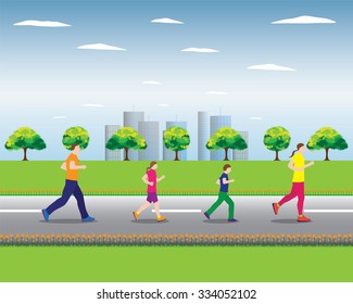 Running family. Active family. Family sports. Illustration, elements for design.