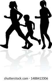 Running  family - black silhouettes of people.