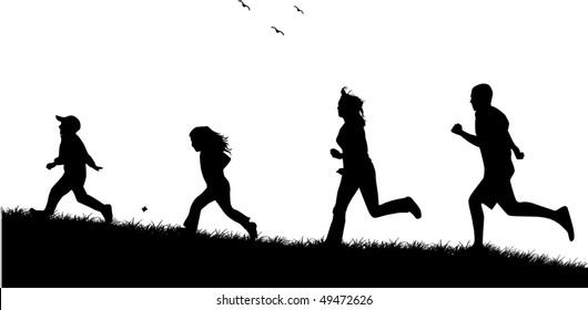 Running  family - black silhouettes of people