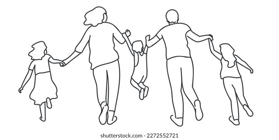 Running family hold hands. Hand drawn vector illustration.