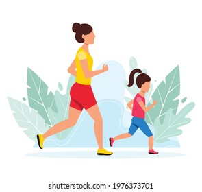 Running family - Mother and daughter. Summertime sport activity with family. Active and healthy lifestyle.  Flat style vector illustration. Woman with little girl, background with leaves. 
