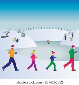 Running family. In winter clothes. Active family. Family sports. Winter sport.