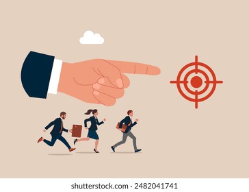 Running fast business people goal target fingers point show correct direction. Flat vector illustration