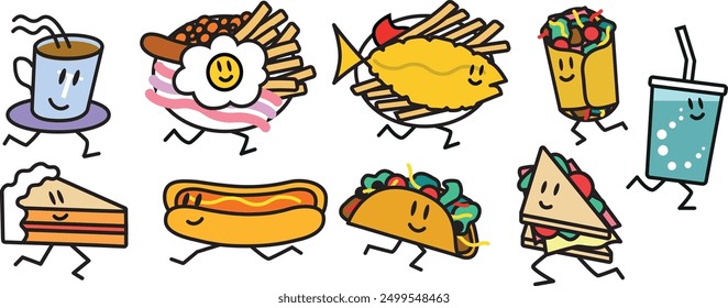 Running Fast Food, fun cartoon style flat illustrations for cards, birthday menus and light-hearted invitations.