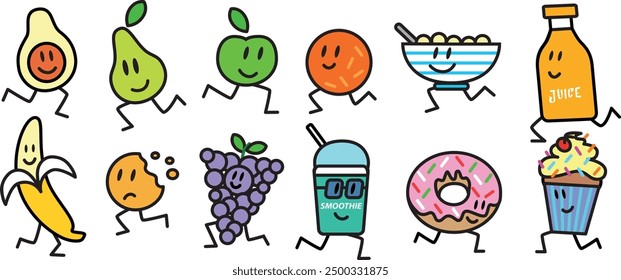 Fast Fruit Food, lustige Cartoon-Stil flache Illustrationen für Karten, Geburtstagsmenüs und helle Einladungen.