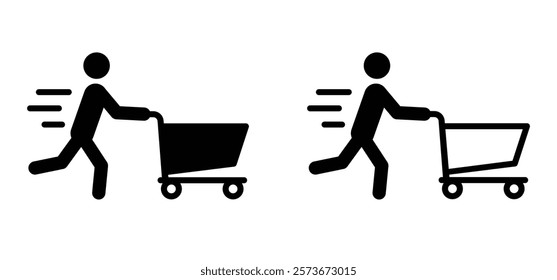 Running, fast people are shopping. Supermarket pushcart. Shopping cart or trolley. Pushing shopping cart and run. Supermarket, self service. Fast shop market keeper. Running with handcart. 