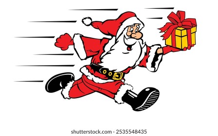 Corriendo rápido Santa Claus con caja de regalo. Entrega rápida de los regalos pedidos. Carácter para la tarjeta de Nuevo año, Anuncio o cartel. Vector sobre fondo transparente.