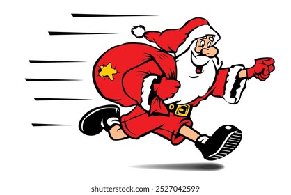 Corriendo rápido Santa Claus con bolsa de regalo. Carácter para la tarjeta de Nuevo año, Anuncio o cartel. Vector sobre fondo transparente.