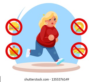 Running fat female diet character health refusal junk food run flat cartoon vector design illustration