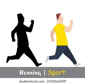 Running fat man and his silhouette in black color. Active human body, sport movement. Side view. Vector flat design