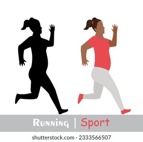 Running fat woman and her silhouette. Active people, fitness, sports movement. Side view. Vector flat design