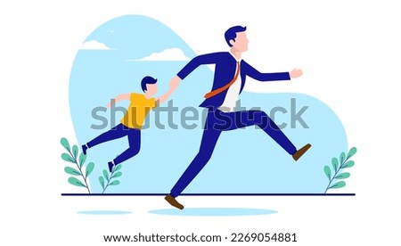 Running father with child - Parent with kid is late for work stressing and having urgency because of time pressure. Flat design vector illustration with white background