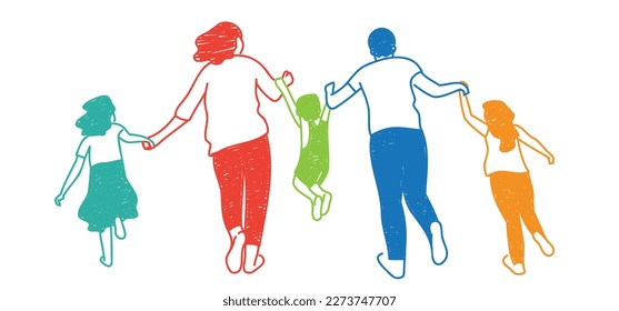 Running father  mother  children hold hands  International day families  Hand drawn vector illustration 