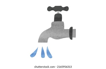 Running faucet watercolor vector illustration isolated on white background. Faucet with blue drop clipart hand drawn watercolor. Garden tap cartoon style. Tap watercolor drawing. Tap, faucet clipart
