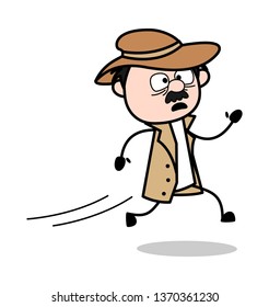 Running In Fear - Retro Cartoon Police Agent Detective Vector Illustration