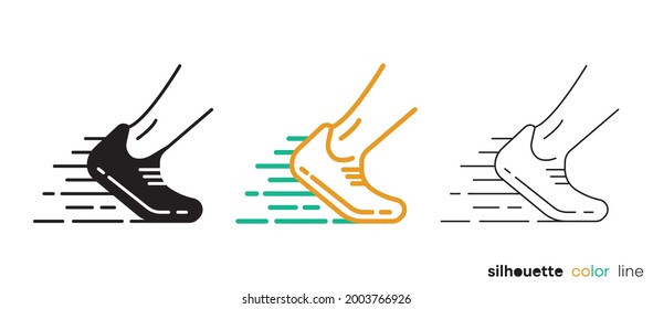 Running Feet Icon Illustration Set. Silhouette, Colorful And Linear Set. Icons Related To Fitness. Sport Shoes Icon. Running Sign. Editable Logo.