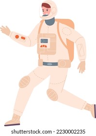 Running female astronaut. Smiling space explorer character isolated on white background