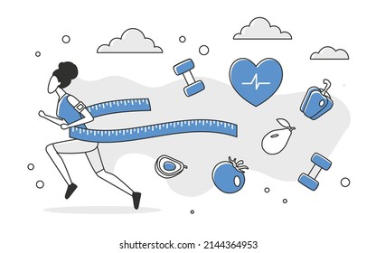 Running Female Athlete Breaking Finish Line Tape. Healthy Sport Lifestyle And Balanced Food Nutrition Vector Monocolor Illustration