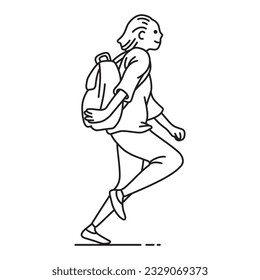Running female student with her school bag. Young happy smiling cheerful schoolgirl student cartoon character with backpack running. Schoolgirl run. Isolated vector.