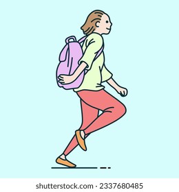 Running female student with her school bag. vector illustration. Happy smiling schoolgirl student cartoon character running. Schoolgirl run.