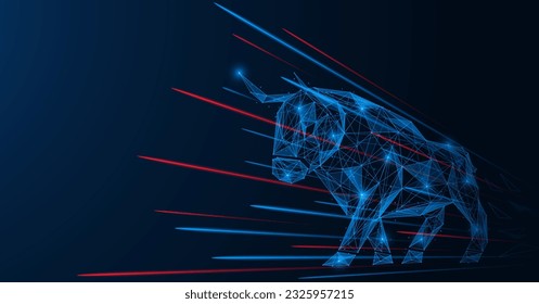 Running ferocious bull. Low-poly design of interconnected lines and dots. Blue background.