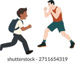 Running from a Fight, A student with a backpack runs away from a man in fighting stance, possibly implying a bullied or conflict avoidance. The image may suggest a moment of decision between facing conflict or choosing flight.