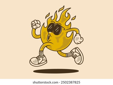 Running fire flame character illustration design in retro style