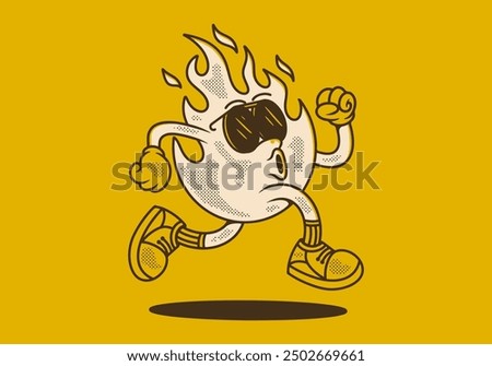 Running fire flame character illustration design in retro style