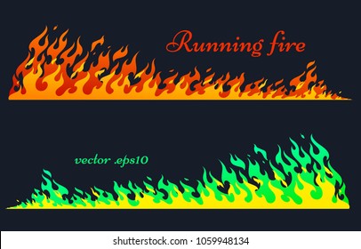 Running fire horizontal planks. Flaming bars, old school flame elements, isolated vector illustration, two variants of coloring