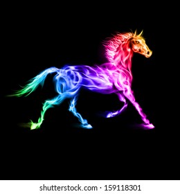 Running fire horse in spectrum colors on black background.