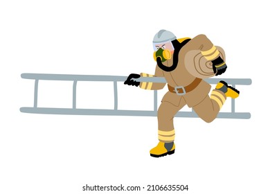 A running firefighter with a side ladder and a hose. Fire service training. Color vector illustration isolated on a white background in a cartoon and flat design.