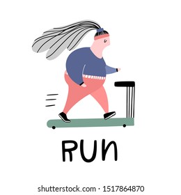 Running fitness girl on the treadmill. Vector illustration and text in Doodle style
