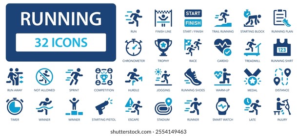 Running flat icons collection. Race, runner, treadmill, sport, run, chronometer, activity, finish, trophy sign set.