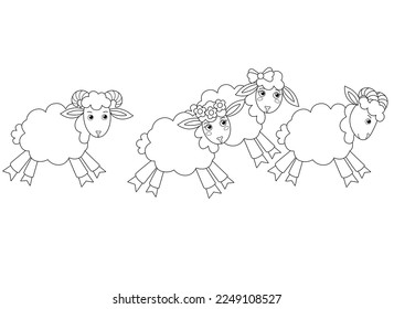 Running flock of sheep - vector linear picture for coloring. Cute sheep, lambs and rams are running - a children's picture for coloring. Outline.