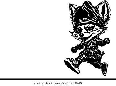 Running fox in pirate costume silhouette, Cartoon fox character running in pirate attire