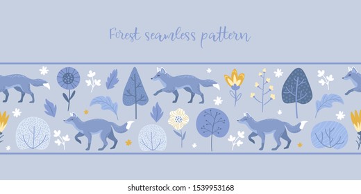 Running foxes, forest flowers and plants on a blue background. Flight textile print, seamless pattern, frame