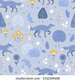 Running foxes in the forest on a blue background. Trees and flowers, summer illustration, scandinavian style.