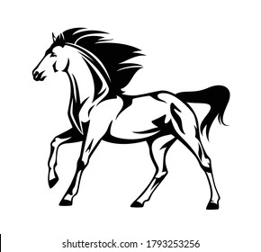 running free mustang horse side view black and white vector outline