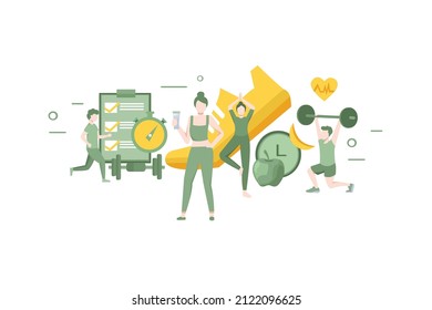 running in the fresh air vector illustration concept, Healthy life, sport exercising, , healthy eating and drinking enough water, relaxation and effective daily routine, flat style design of workout