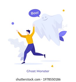 Running frightened man chased by flying spook. Concept of scary ghost monster, creepy paranormal creature, mysterious poltergeist. Modern flat colorful vector illustration for banner.